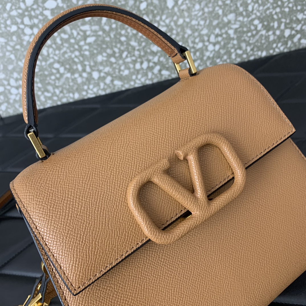 Valentino Garavani Vsling Small Handbag in Brown Grainy Calfskin 